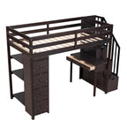 Cama alta de madera doble con cajones de almacenamiento, escritorio, escaleras de almacenamiento, estantes