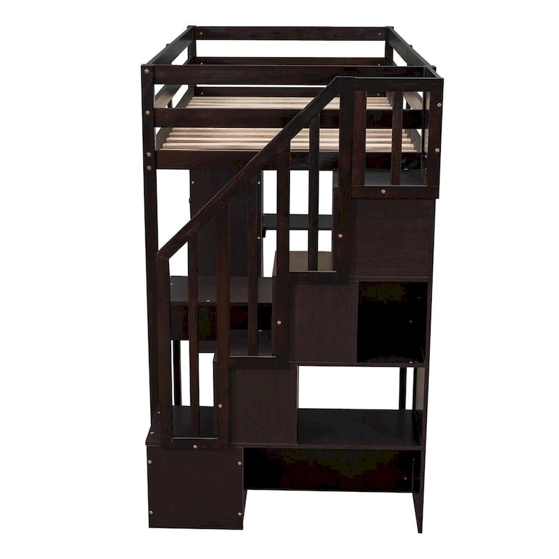 Cama alta de madera doble con cajones de almacenamiento, escritorio, escaleras de almacenamiento, estantes