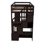 Cama alta de madera doble con cajones de almacenamiento, escritorio, escaleras de almacenamiento, estantes