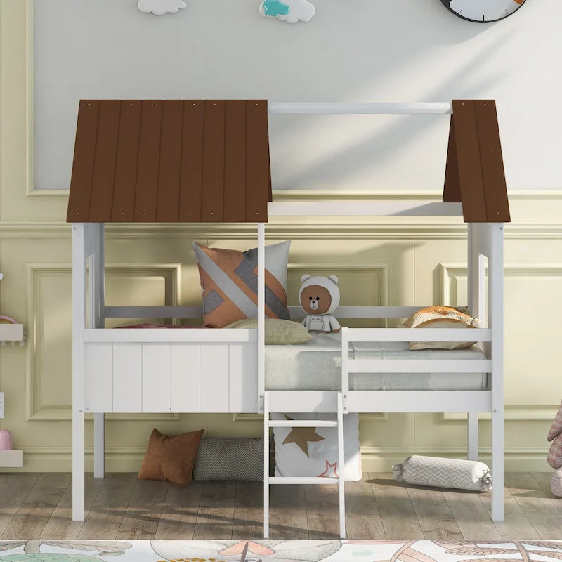 Cama baja de madera con 2 ventanas laterales