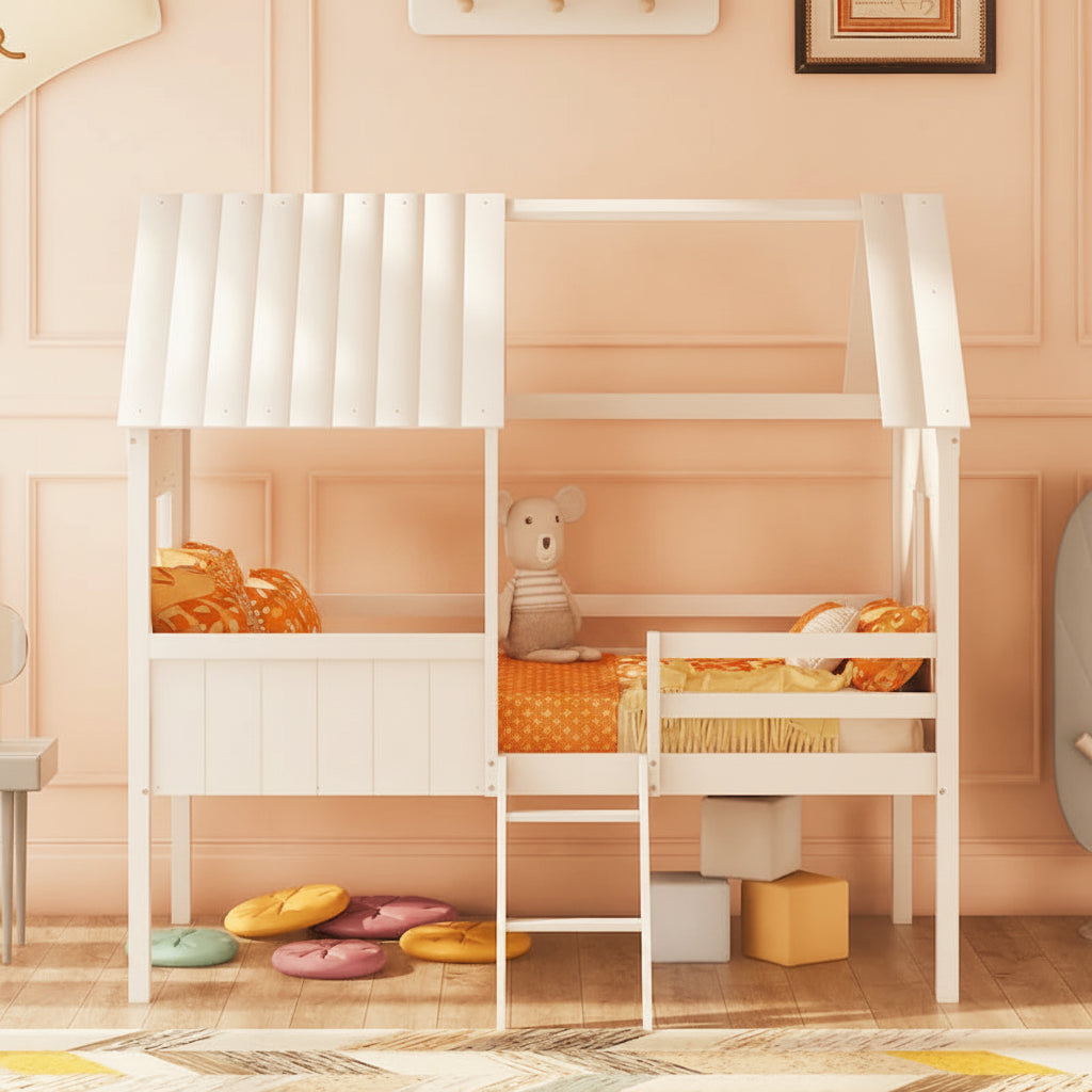 Cama baja de madera con 2 ventanas laterales