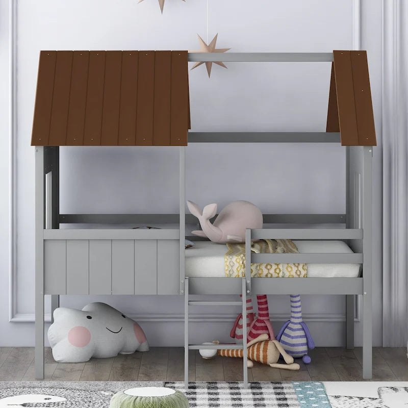 Cama baja de madera con 2 ventanas laterales