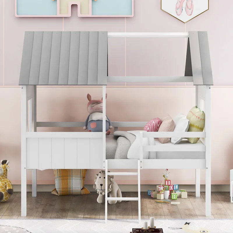Cama baja de madera con 2 ventanas laterales