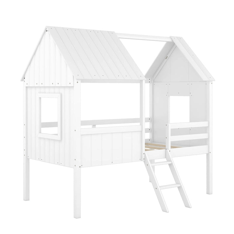 Low Loft Wood House Bed with 2 Side Windows