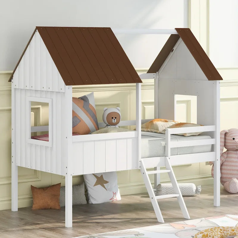 Cama baja de madera con 2 ventanas laterales