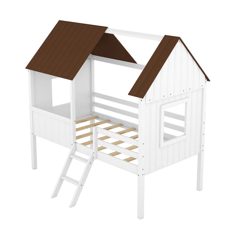 Cama baja de madera con 2 ventanas laterales