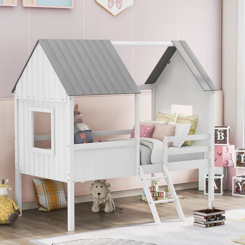 Cama baja de madera con 2 ventanas laterales