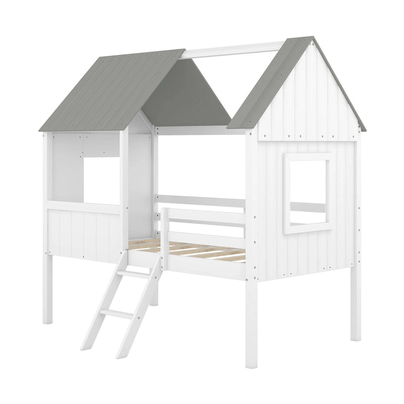 Cama baja de madera con 2 ventanas laterales