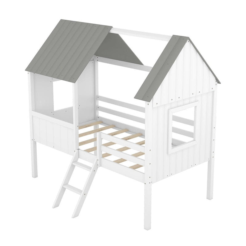 Cama baja de madera con 2 ventanas laterales