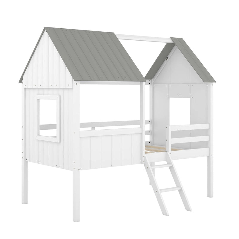Cama baja de madera con 2 ventanas laterales