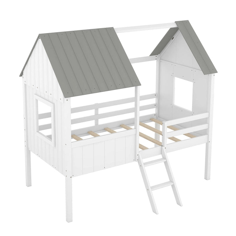 Cama baja de madera con 2 ventanas laterales
