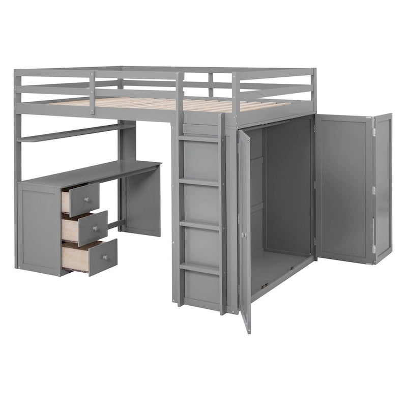 Cama alta multifuncional doble/matrimonial con cajones, escritorio y armario - Área de estudio que ahorra espacio