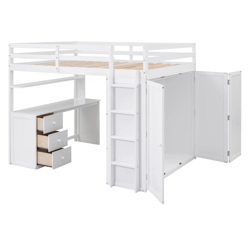 Cama alta multifuncional doble/matrimonial con cajones, escritorio y armario - Área de estudio que ahorra espacio