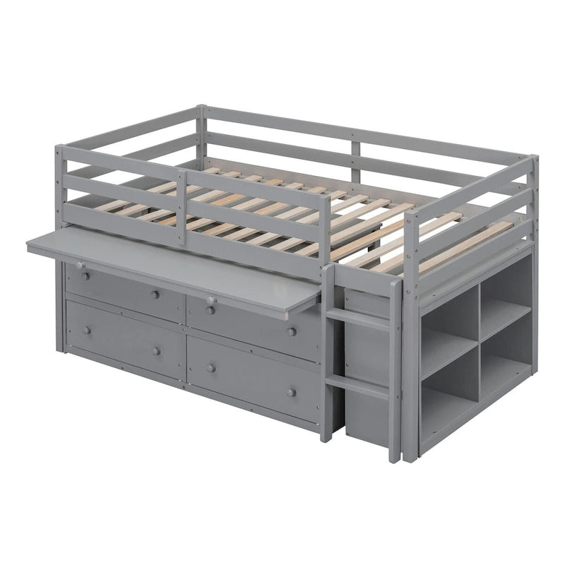 Cama alta individual con escritorio y cajones