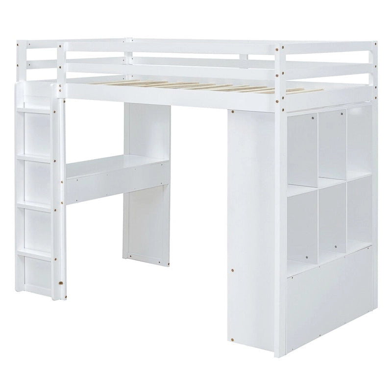 Cama alta doble con estantes grandes, escritorio y luz LED