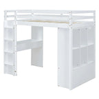Cama alta doble con estantes grandes, escritorio y luz LED