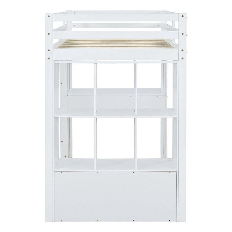 Cama alta doble con estantes grandes, escritorio y luz LED