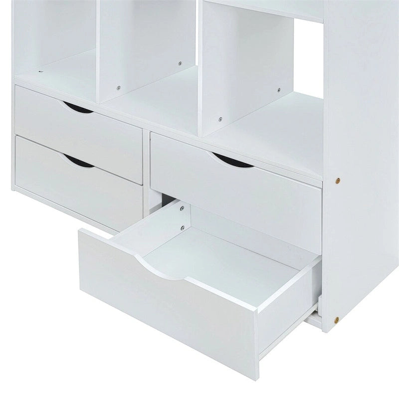 Cama alta doble con estantes grandes, escritorio y luz LED