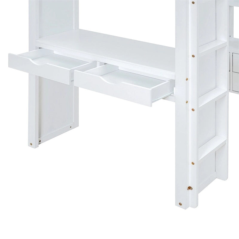 Cama alta doble con estantes grandes, escritorio y luz LED