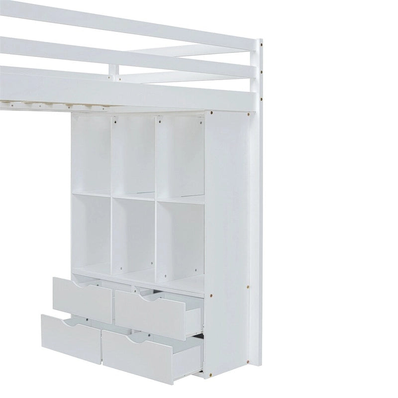 Cama alta doble con estantes grandes, escritorio y luz LED