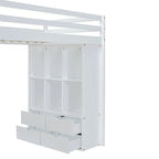 Cama alta doble con estantes grandes, escritorio y luz LED