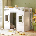 Cama alta de madera maciza de pino estilo White Castle con escalera y barandillas de protección