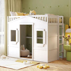 Cama alta de madera maciza de pino estilo White Castle con escalera y barandillas de protección