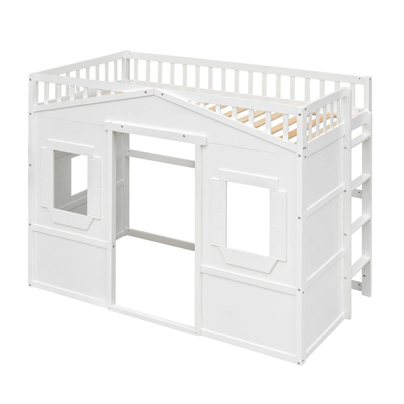 Cama alta de madera maciza de pino estilo White Castle con escalera y barandillas de protección