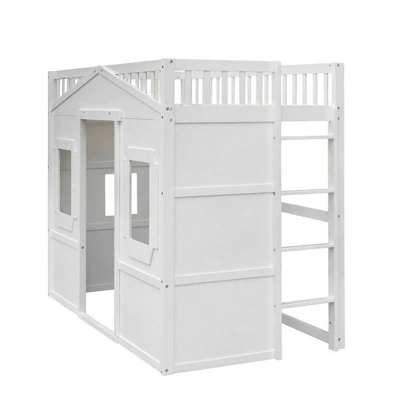 Cama alta de madera maciza de pino estilo White Castle con escalera y barandillas de protección