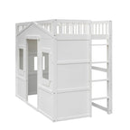 Cama alta de madera maciza de pino estilo White Castle con escalera y barandillas de protección