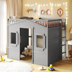 Cama alta tipo casa de tamaño completo, estructura de cama tipo casa de madera con ventanas, cama alta infantil con escalera y barandales de seguridad