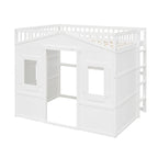 Cama alta tipo casa de tamaño completo, estructura de cama tipo casa de madera con ventanas, cama alta infantil con escalera y barandales de seguridad