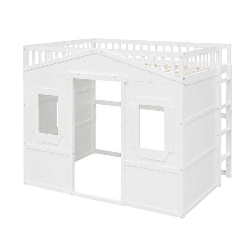 Cama alta tipo casa de tamaño completo, estructura de cama tipo casa de madera con ventanas, cama alta infantil con escalera y barandales de seguridad