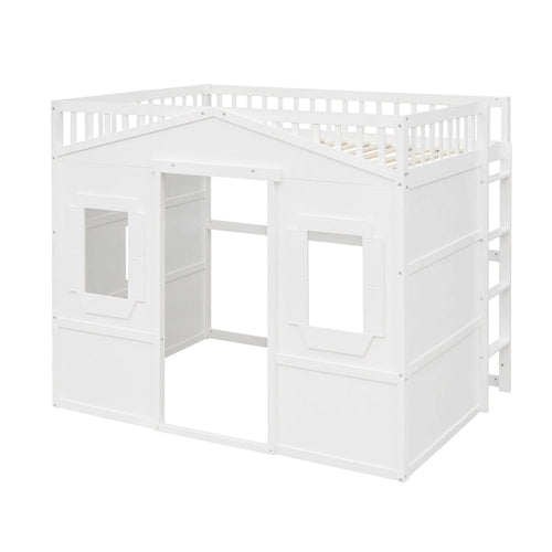 Cama alta tipo casa de tamaño completo, estructura de cama tipo casa de madera con ventanas, cama alta infantil con escalera y barandales de seguridad