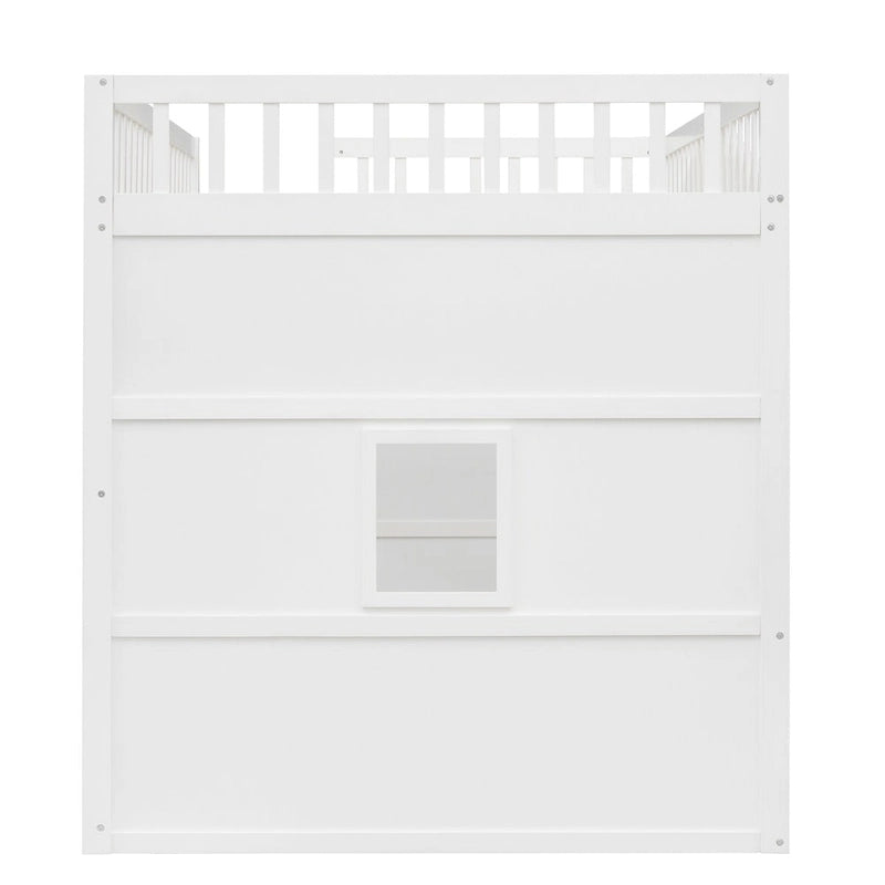 Cama alta tipo casa de tamaño completo, estructura de cama tipo casa de madera con ventanas, cama alta infantil con escalera y barandales de seguridad