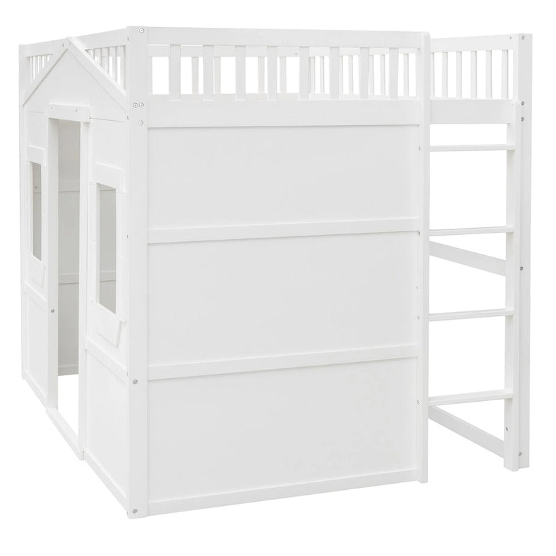 Cama alta tipo casa de tamaño completo, estructura de cama tipo casa de madera con ventanas, cama alta infantil con escalera y barandales de seguridad