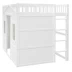 Cama alta tipo casa de tamaño completo, estructura de cama tipo casa de madera con ventanas, cama alta infantil con escalera y barandales de seguridad