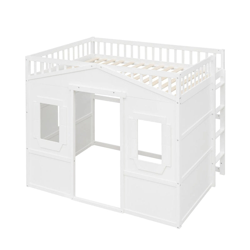 Cama alta tipo casa de tamaño completo, estructura de cama tipo casa de madera con ventanas, cama alta infantil con escalera y barandales de seguridad