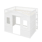 Cama alta tipo casa de tamaño completo, estructura de cama tipo casa de madera con ventanas, cama alta infantil con escalera y barandales de seguridad