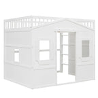 Cama alta tipo casa de tamaño completo, estructura de cama tipo casa de madera con ventanas, cama alta infantil con escalera y barandales de seguridad