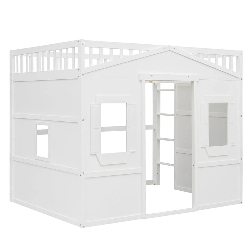Cama alta tipo casa de tamaño completo, estructura de cama tipo casa de madera con ventanas, cama alta infantil con escalera y barandales de seguridad