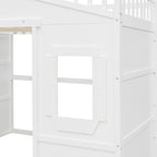 Cama alta tipo casa de tamaño completo, estructura de cama tipo casa de madera con ventanas, cama alta infantil con escalera y barandales de seguridad