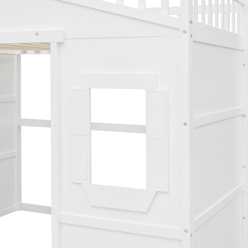 Cama alta tipo casa de tamaño completo, estructura de cama tipo casa de madera con ventanas, cama alta infantil con escalera y barandales de seguridad