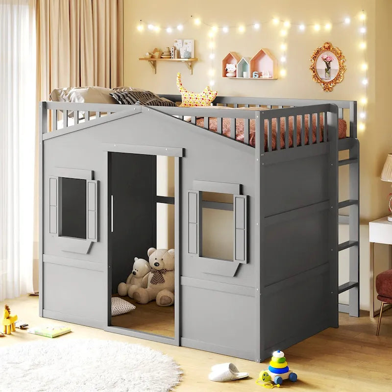 Cama alta tipo casa de tamaño completo, estructura de cama tipo casa de madera con ventanas, cama alta infantil con escalera y barandales de seguridad