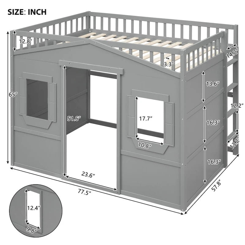 Cama alta tipo casa de tamaño completo, estructura de cama tipo casa de madera con ventanas, cama alta infantil con escalera y barandales de seguridad