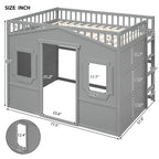 Cama alta tipo casa de tamaño completo, estructura de cama tipo casa de madera con ventanas, cama alta infantil con escalera y barandales de seguridad