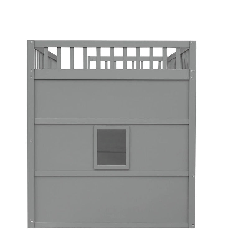 Cama alta tipo casa de tamaño completo, estructura de cama tipo casa de madera con ventanas, cama alta infantil con escalera y barandales de seguridad