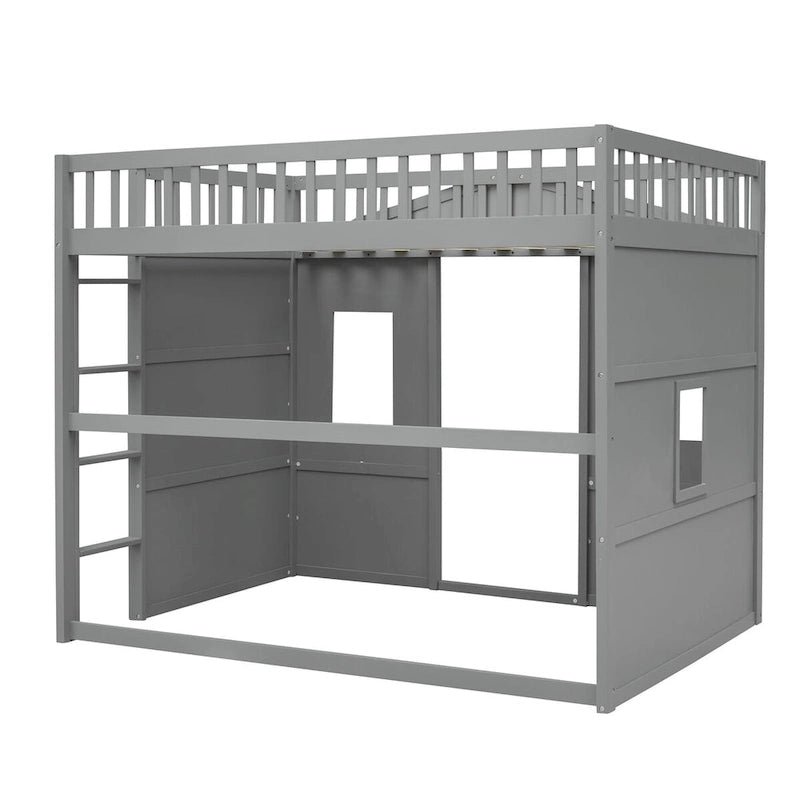 Cama alta tipo casa de tamaño completo, estructura de cama tipo casa de madera con ventanas, cama alta infantil con escalera y barandales de seguridad