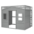 Cama alta tipo casa de tamaño completo, estructura de cama tipo casa de madera con ventanas, cama alta infantil con escalera y barandales de seguridad