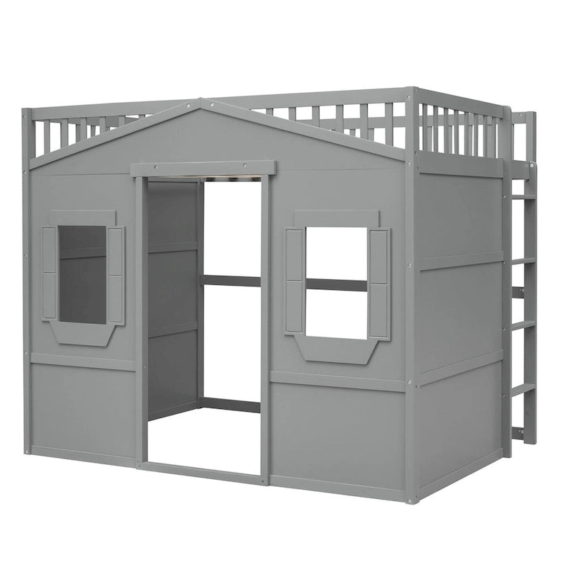 Cama alta tipo casa de tamaño completo, estructura de cama tipo casa de madera con ventanas, cama alta infantil con escalera y barandales de seguridad